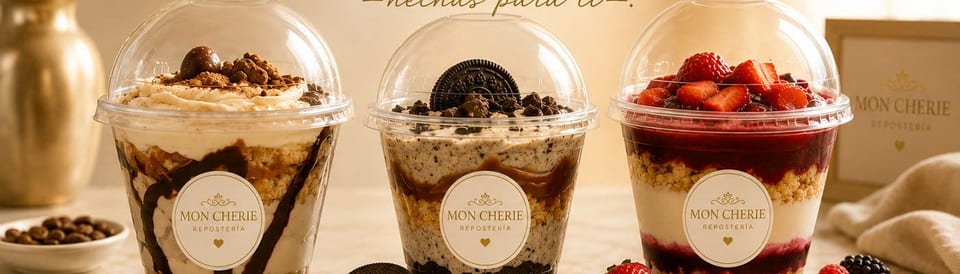 Tres postres en vaso de Mon Chérie con sus capas a la vista